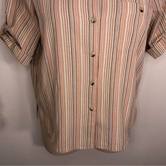 Vintage Large Blair Orange Striped Button Up Top Cuffed Short Sleeve Stretch - Picture 5 of 16